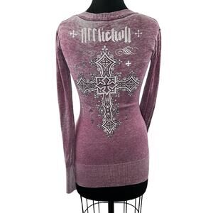 VINTAGE Affliction Pink Sweater Graphic Rib V-Neck Long Sleeve Knit Size S Small